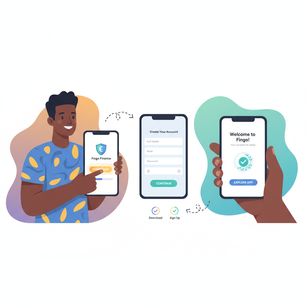 African user downloading mobile finance app on smartphone, vibrant colors, modern UI signup screen