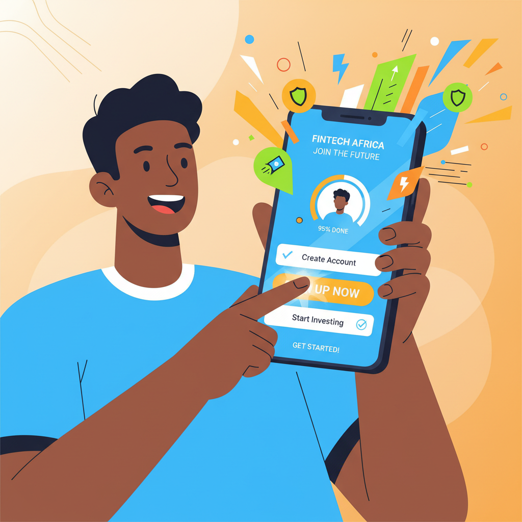 Excited Nigerian user signing up on mobile app, vibrant fintech interface, dynamic energy