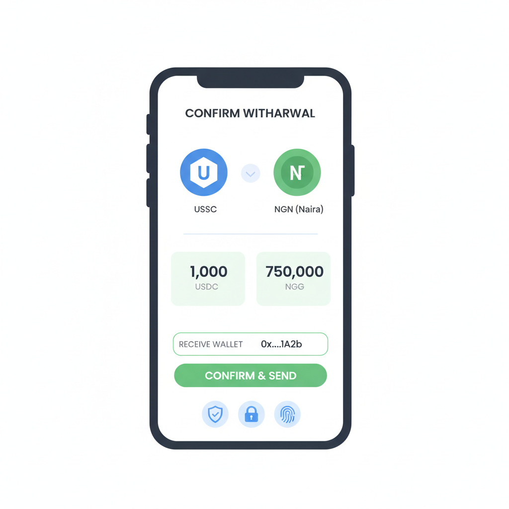 withdrawal screen, USDC to Naira conversion, mobile wallet receive confirmation, secure icons