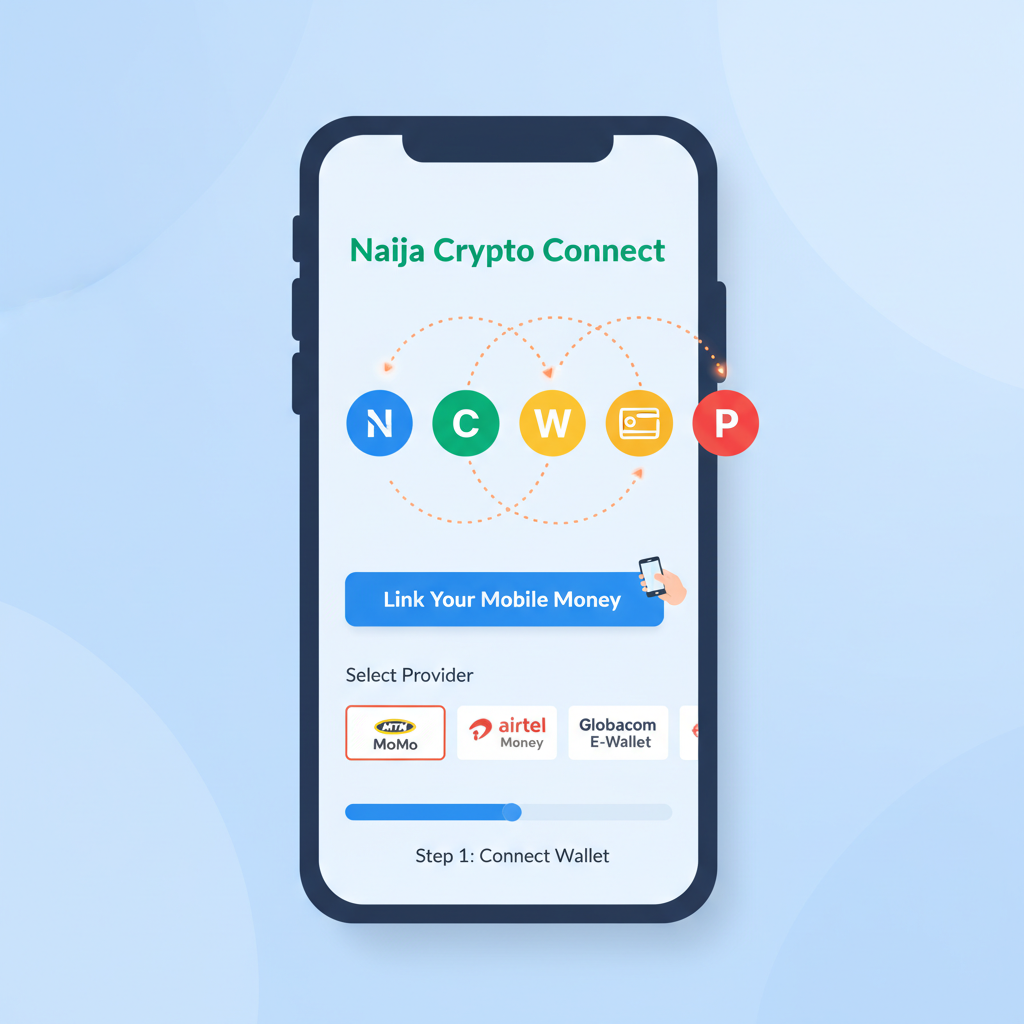 mobile app linking to crypto platform, wallet icons connecting, Nigerian mobile money UI
