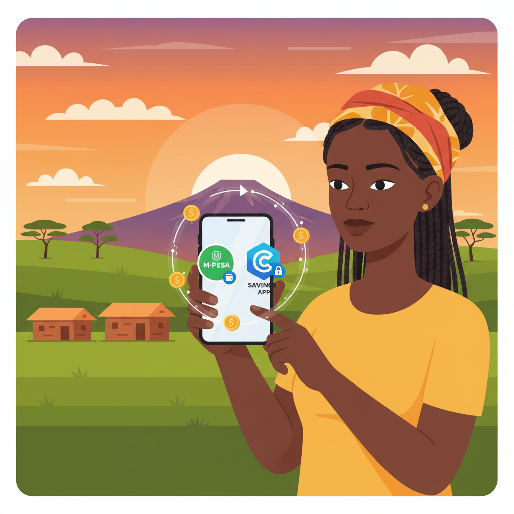 African user linking M-Pesa phone wallet to crypto savings app on smartphone, vibrant Kenyan landscape background, energetic style