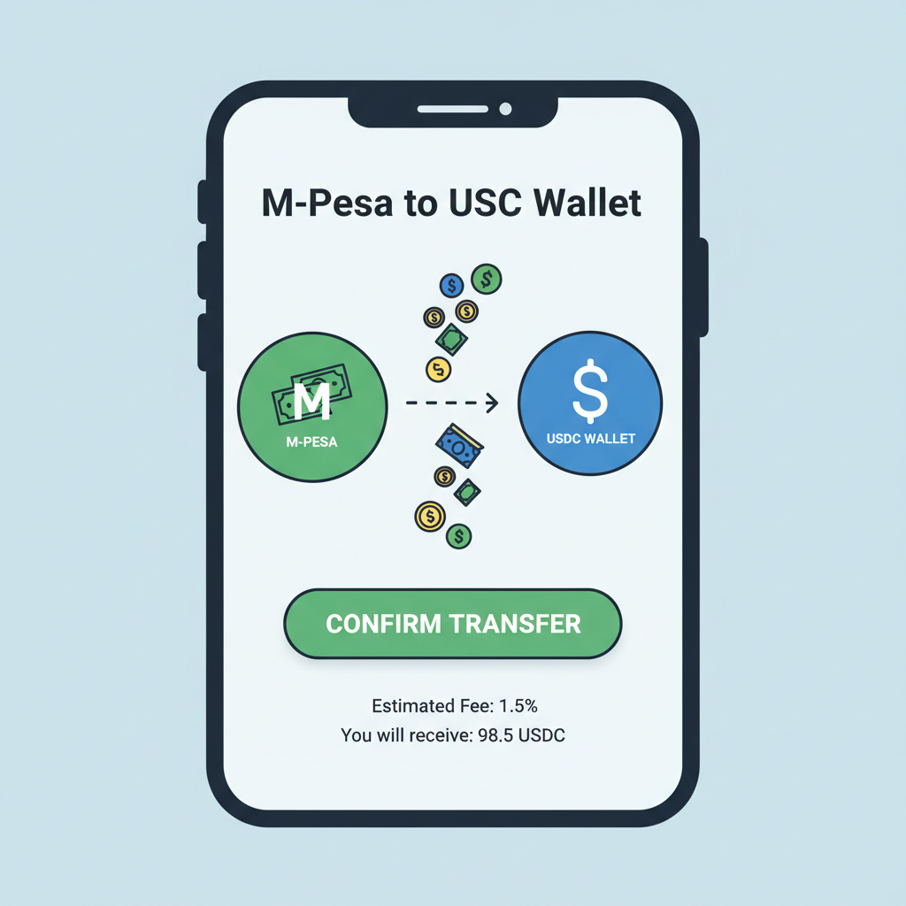 mobile screen showing M-Pesa transfer to USDC wallet, money icons flowing, simple clean design