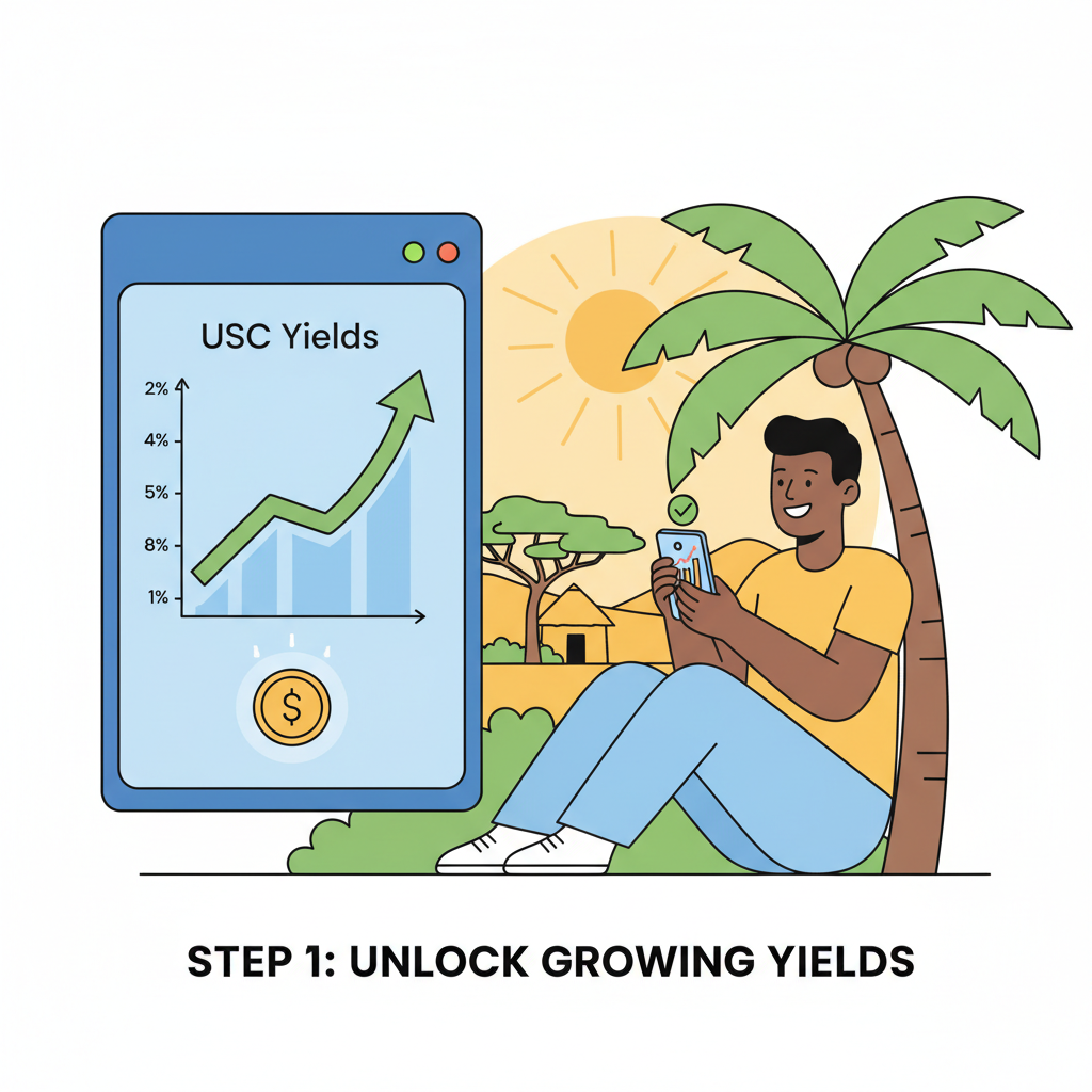 dashboard graph showing rising USDC yields, happy user in Africa checking phone, sunny motivational vibe