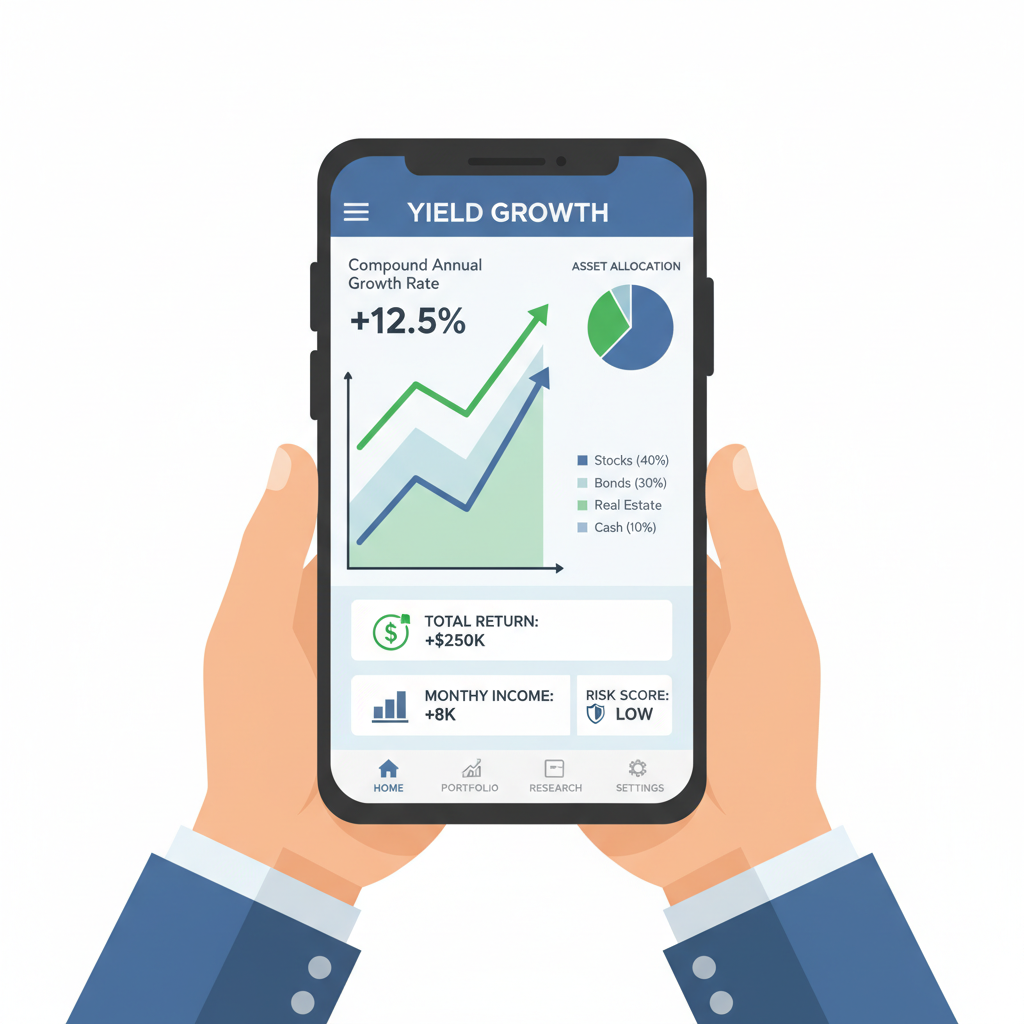 Analytics dashboard on mobile showing yield growth, charts and metrics, professional trader view