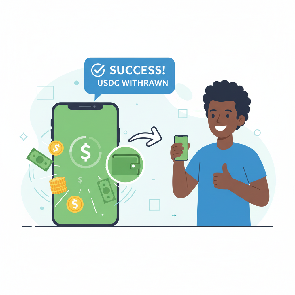 Smartphone withdrawing USDC to mobile money wallet, success animation with money icons, African user smiling