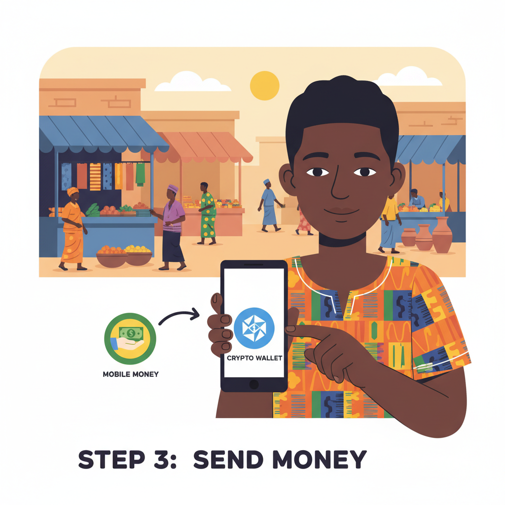Nigerian or Kenyan person using smartphone to send mobile money to crypto wallet app, vibrant African market background, realistic style