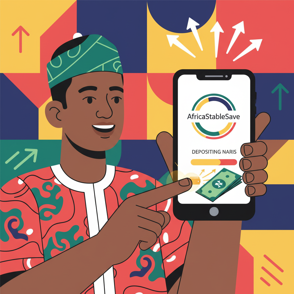 Nigerian using smartphone mobile money app depositing naira to AfricaStableSave, vibrant colors, motivational energy