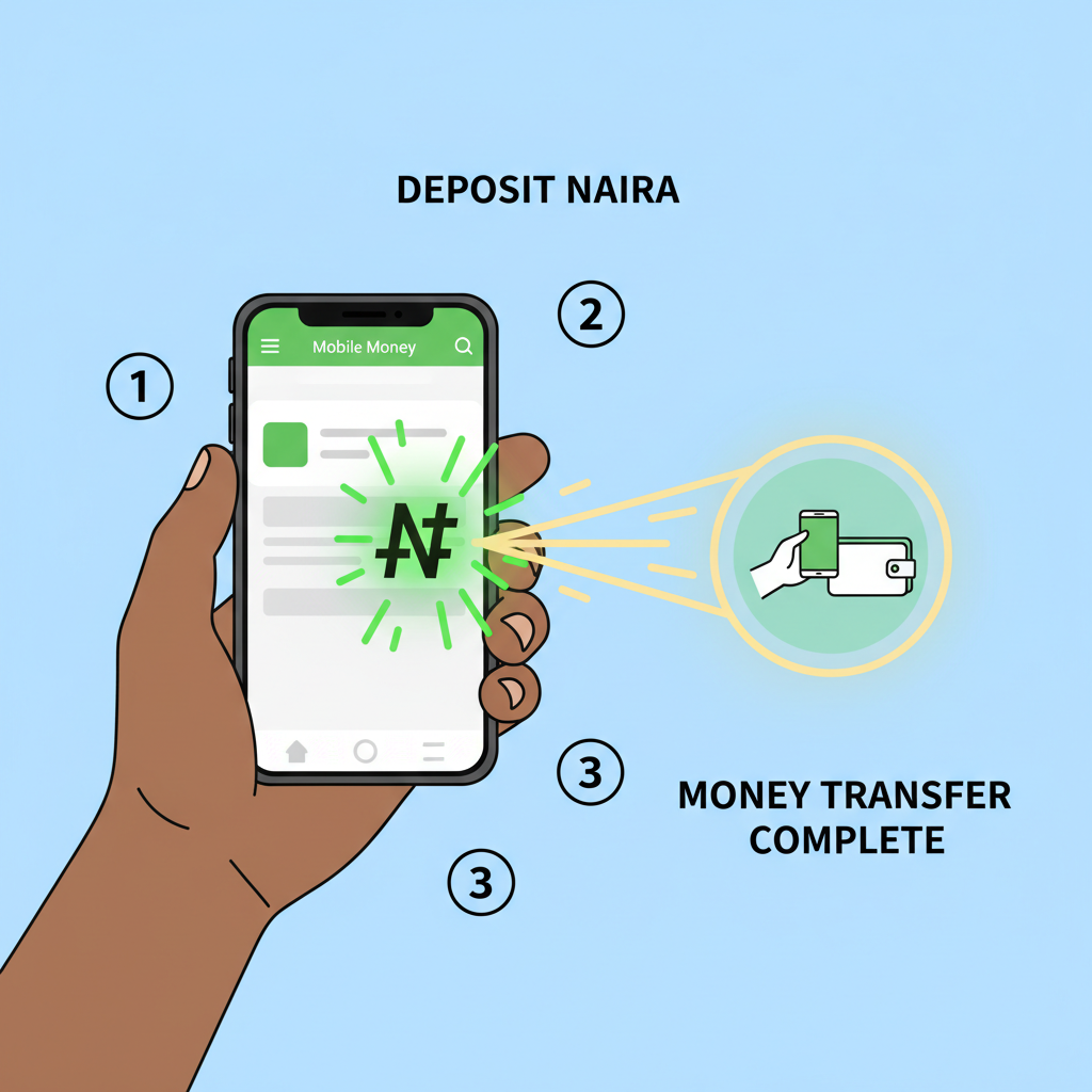 Nigerian hand depositing naira via phone mobile money app, money transfer animation glowing