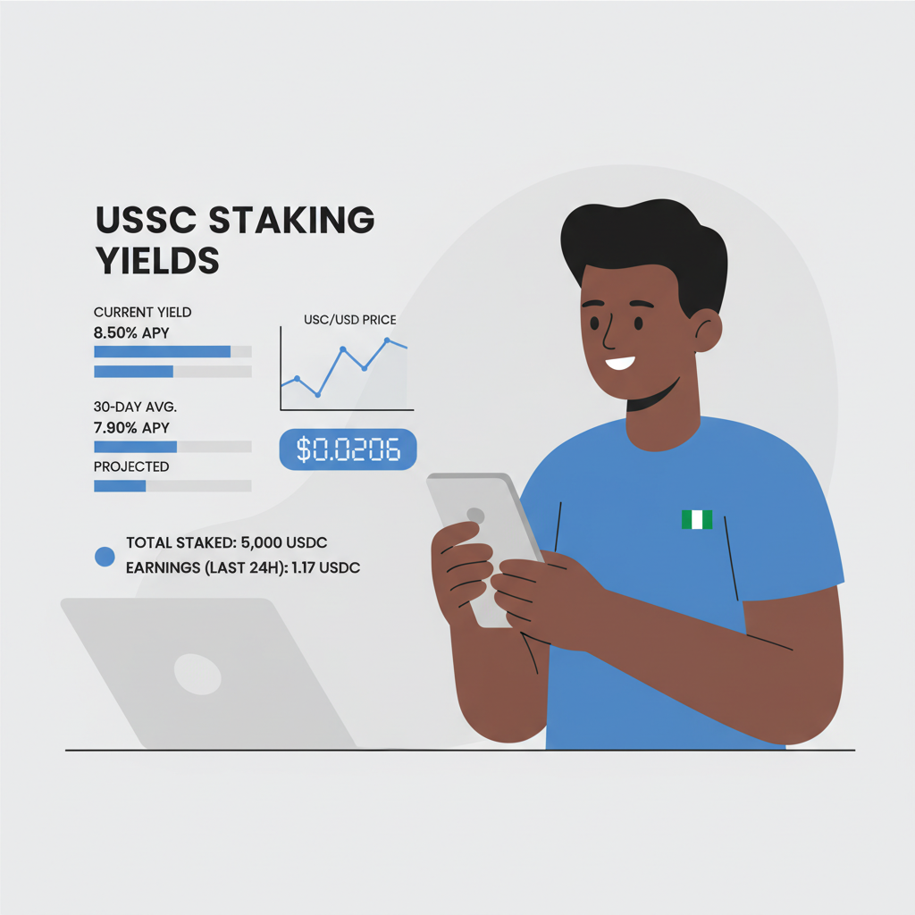 Dashboard showing USDC staking yields, charts with price $0.0206, Nigerian user monitoring on phone