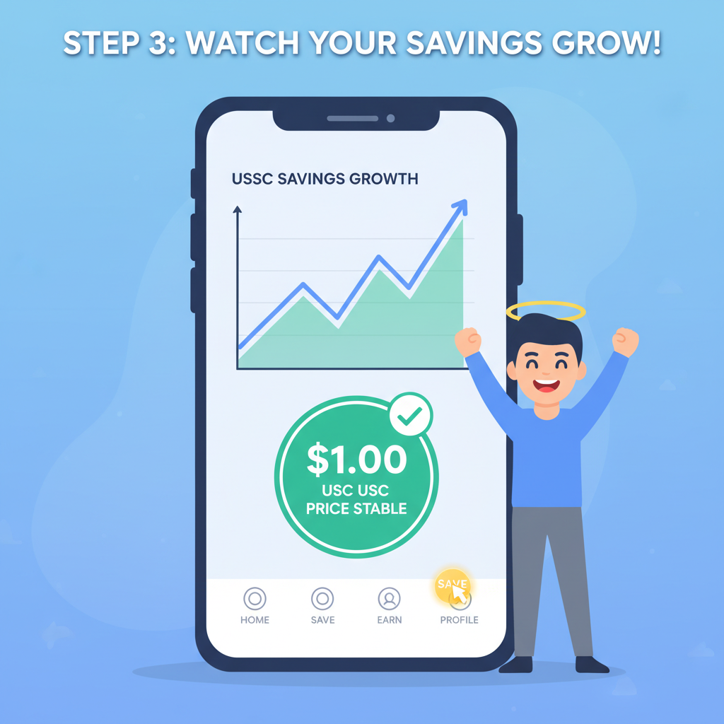 Mobile dashboard with growing USDC savings graph, stable $1.00 price, triumphant user