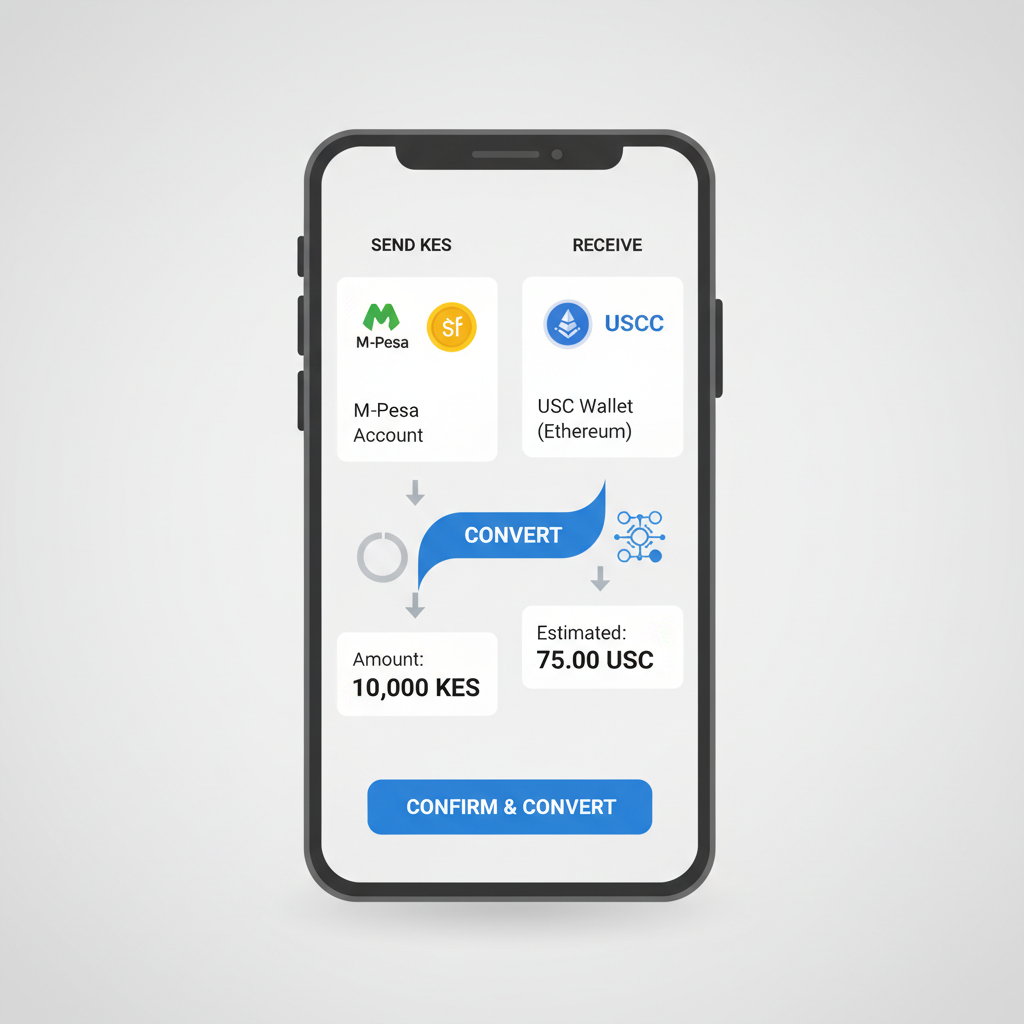 Phone interface converting M-Pesa KES to USDC, arrows showing flow, modern fintech graphic