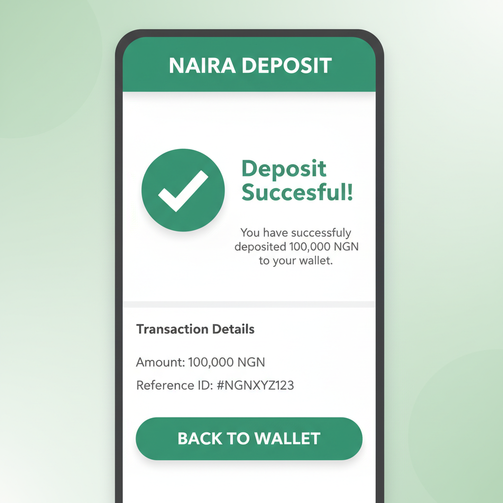 Naira deposit screen on crypto app, mobile money transfer interface, green success check