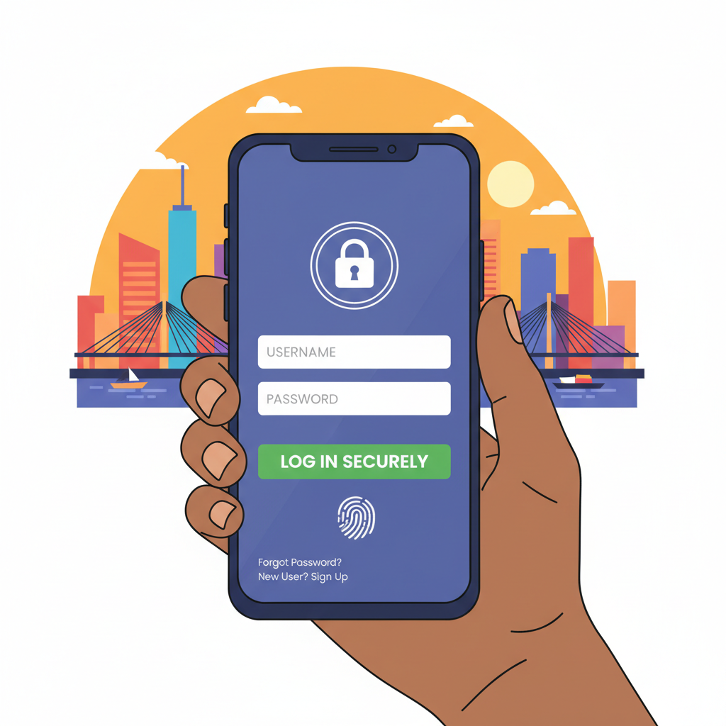 Nigerian user on mobile phone accessing fintech app, secure login screen, vibrant Lagos skyline background