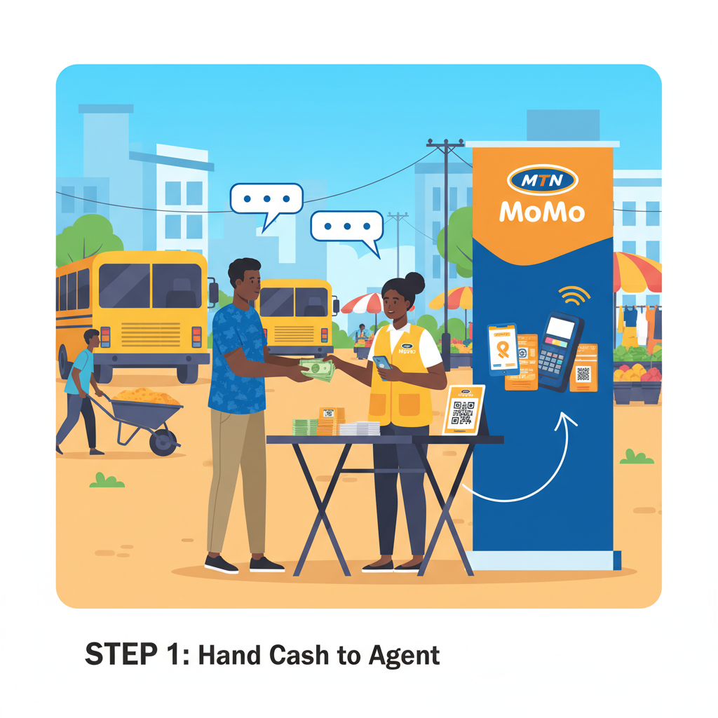 Person handing cash to MTN MoMo agent in bustling Nigerian street