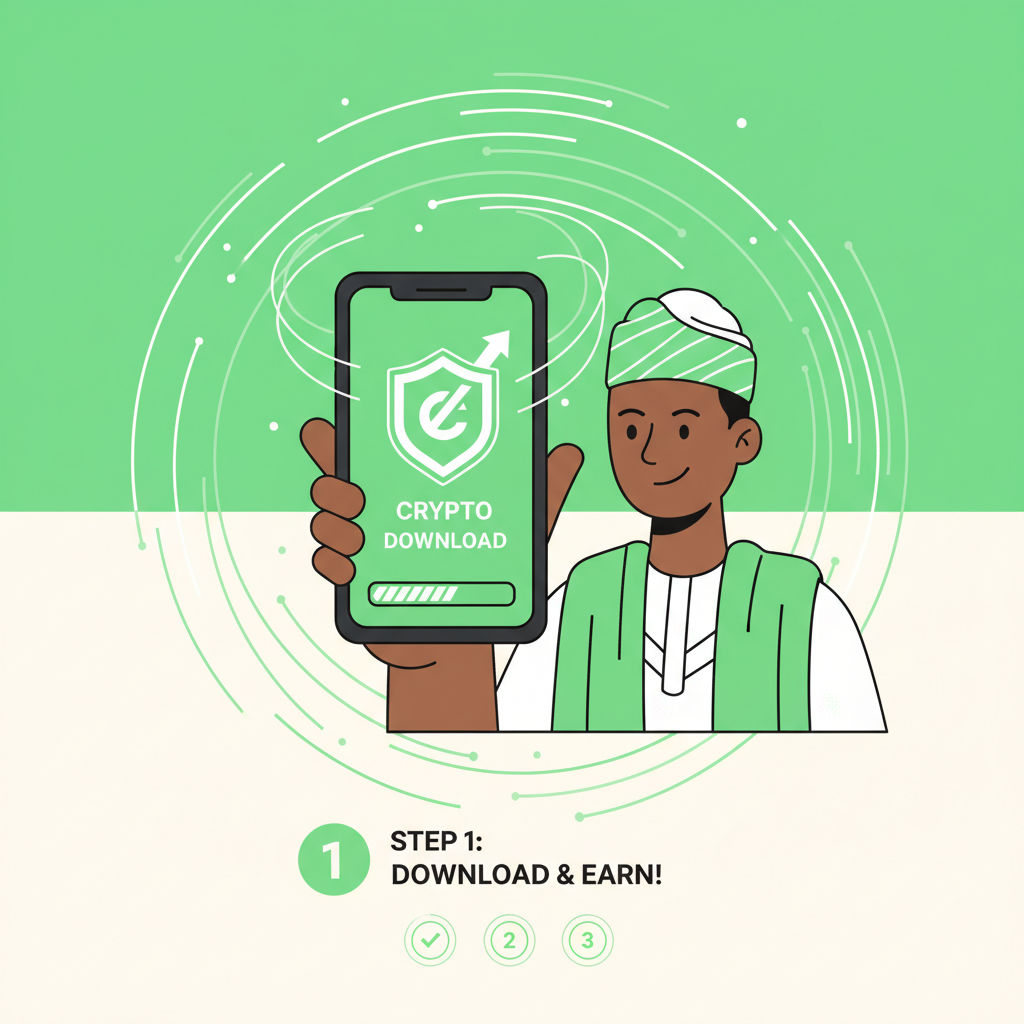Nigerian holding smartphone downloading crypto app, vibrant green and white colors, motivational energy