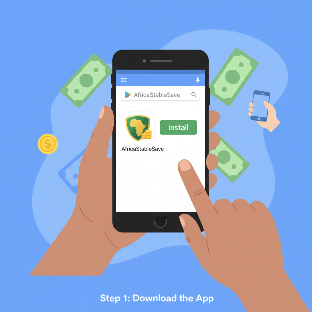 Kenyan user downloading AfricaStableSave app on smartphone from Play Store, clean app interface, mobile money theme