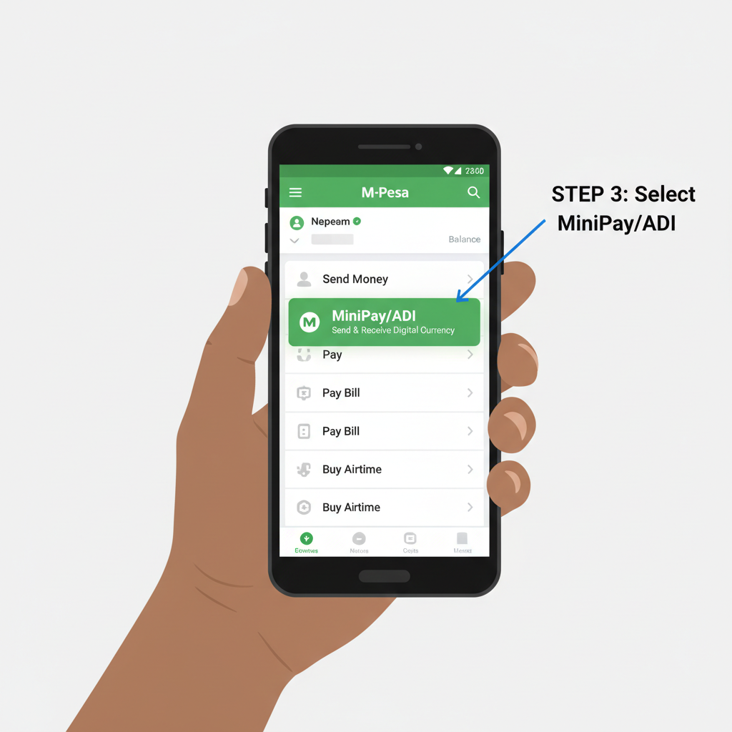 Kenyan holding smartphone, M-Pesa app open showing MiniPay/ADI option, realistic, clean UI screenshot style