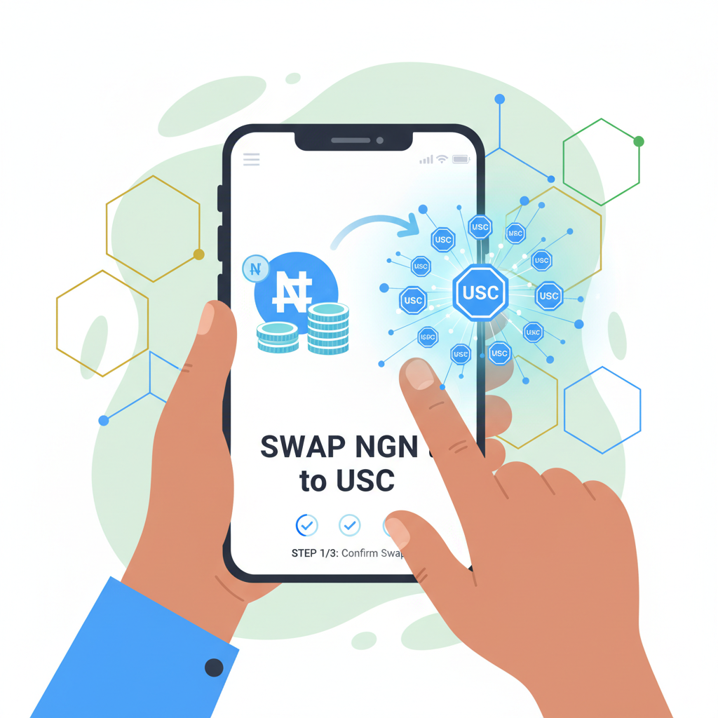 Excited Nigerian user on phone app swapping naira to USDC icons, glowing stablecoin symbols, modern fintech interface, dynamic