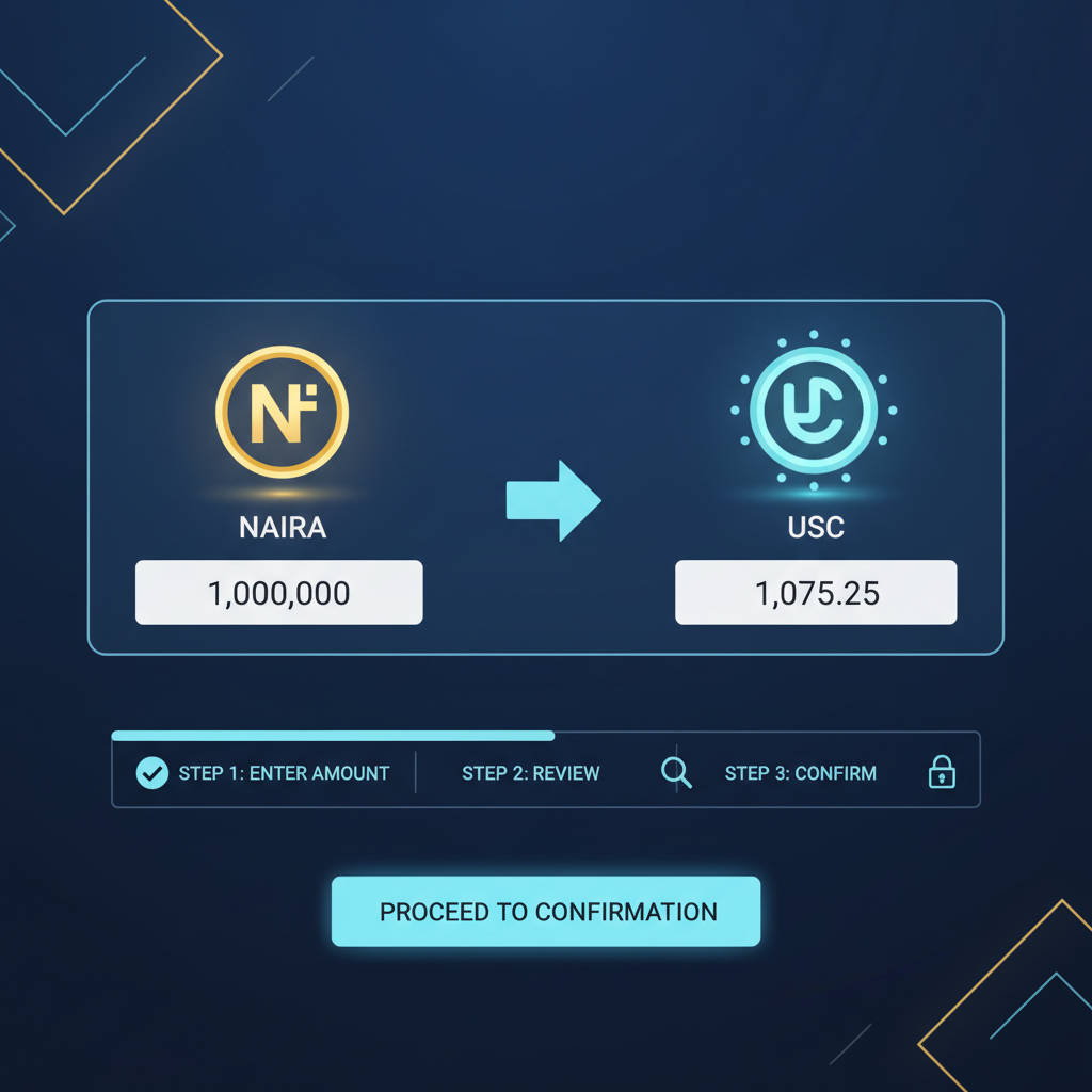 Currency conversion screen showing Naira to USDC, glowing stablecoin icons, executive dashboard style