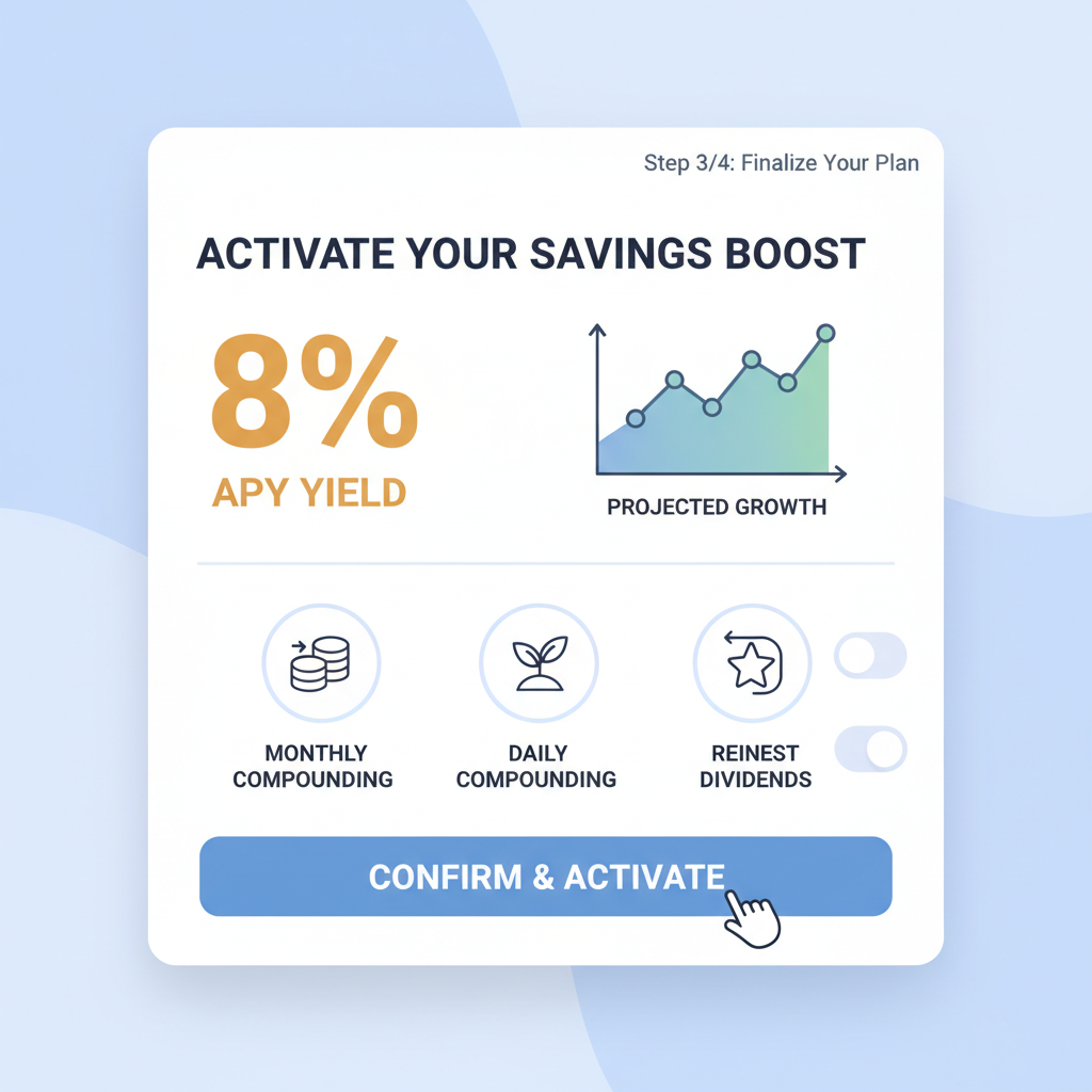 Savings activation screen showing 8% APY yield, growth chart, compounding options, professional finance UI
