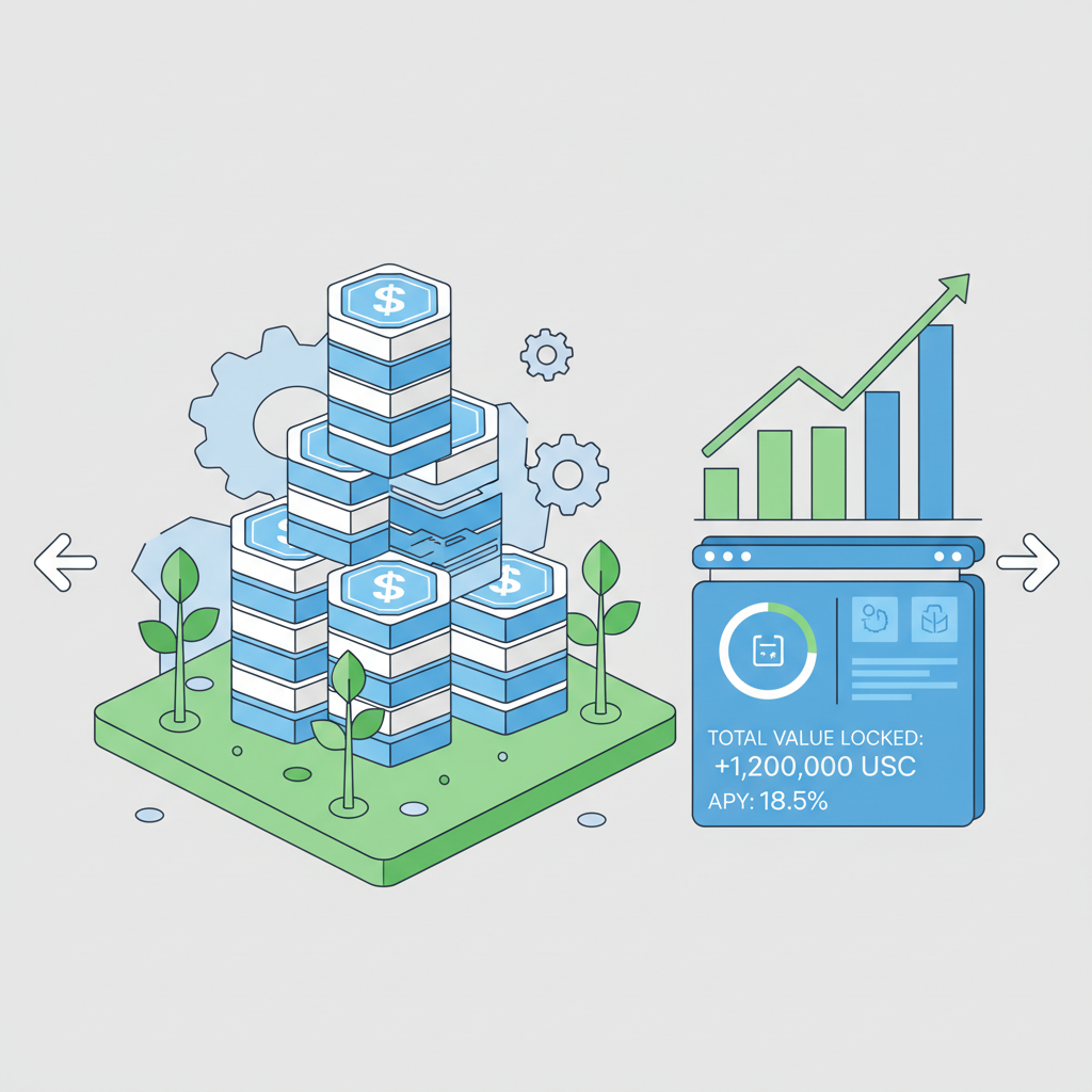 USDC tokens stacking in yield farm, growth charts rising, futuristic DeFi interface