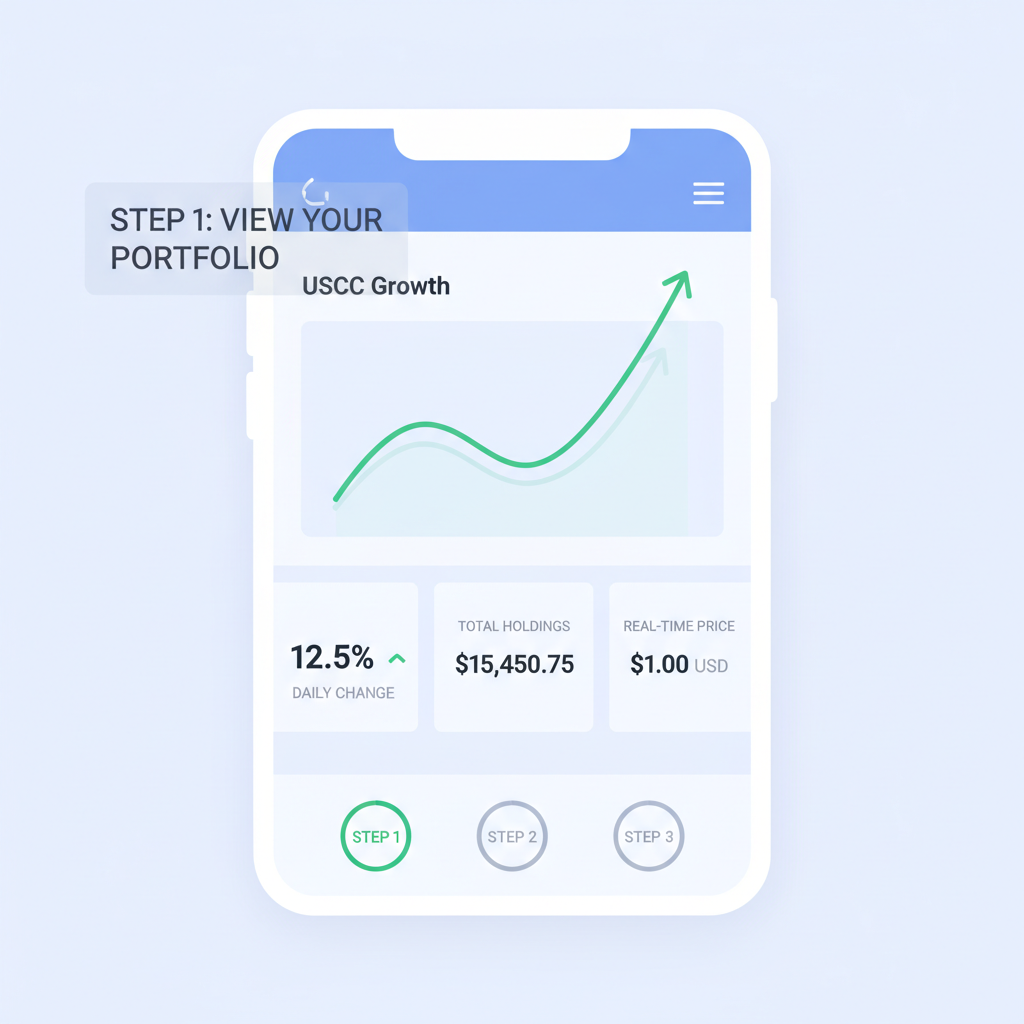 app dashboard showing USDC growth chart, rising green line, real-time stats