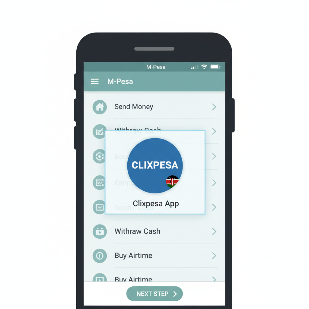 Smartphone screen showing Clixpesa app selection from M-Pesa, Kenyan flag elements, clean UI illustration