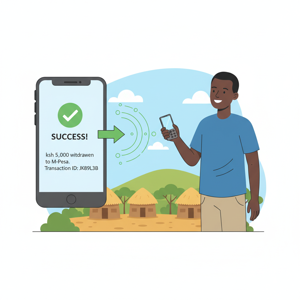 Withdrawal screen to M-Pesa, success confirmation, money flowing to phone, happy rural Kenyan user, illustrative