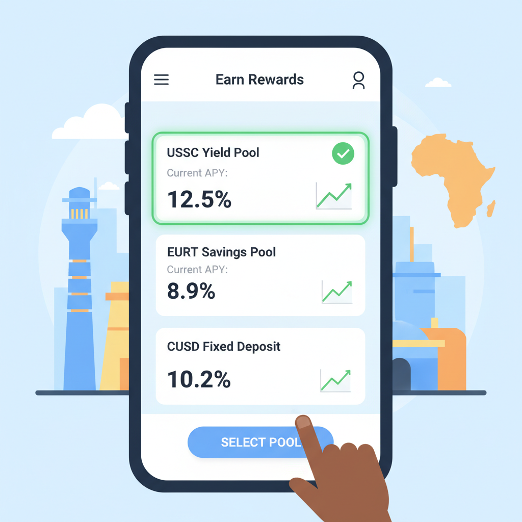 User selecting USDC yield pool on AfricaStableSave app, dashboard with APY charts, modern crypto interface